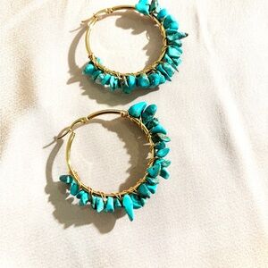Chic Turquoise and Gold Stone Hoop Earrings